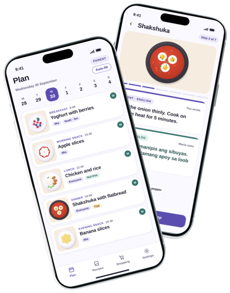 Two iPhones: the weekly meal plan with recipe photos, and a recipe step shown in English for the parent and in Tagalog for the helper